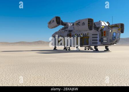 Raumschiff auf dem blauen Himmel Wüste, 3d-Illustration Stockfoto