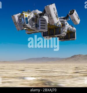Raumschiff auf der Wüste schwimmend, 3d-Illustration Stockfoto