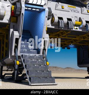 Raumschiff auf der Wüste mit Nahaufnahme auf Treppen, 3d-Illustration Stockfoto