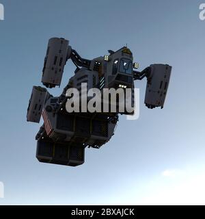 Raumschiff auf der Wüste isoliert, 3d-Illustration Stockfoto