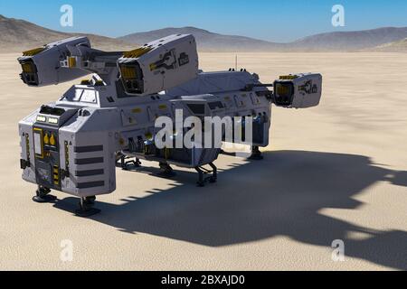 Frachtschiff auf der Wüste warten auf Container, 3d-Illustration Stockfoto