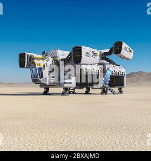 Raumschiff auf der Wüste, 3d-Illustration Stockfoto