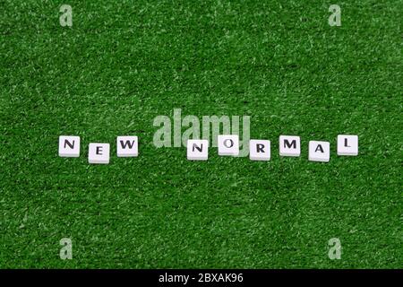 Konzept der neuen Normalität nach dem pandemischen Coronavirus. Kunststoff Alphabet Formulierung "NEW NORMAL" auf Gras Hintergrund. Stockfoto