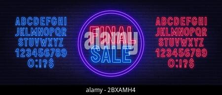Schlussverkauf Neon Zeichen auf dunklem Hintergrund. Neon-Alphabet auf dunklem Hintergrund. Vorlage für Design. Stock Vektor