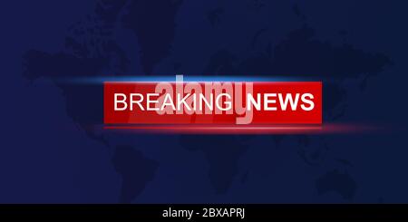 BREAKING NEWS-Header vor blauem Hintergrund mit Weltkarte, Illustration. Panorama Stockfoto
