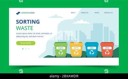 Abfallsortierung Landing Page mit verschiedenen bunten Mülltonnen, Konzeptdarstellung für Recycling, Abfallwirtschaft, Ökologie, Nachhaltigkeit. Vektor Stock Vektor