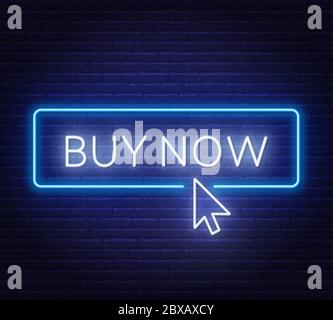 Jetzt kaufen Neon Schild auf dunklem Hintergrund. Vektorgrafik. Stock Vektor