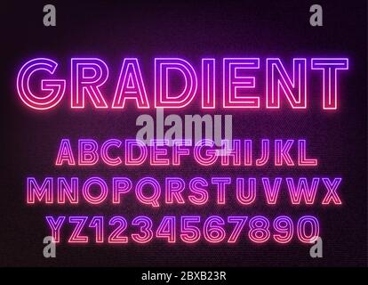 Lila Rosa Gradient Neon Alphabet auf einem dunklen Hintergrund . Großbuchstaben und Zahlen. Stock Vektor
