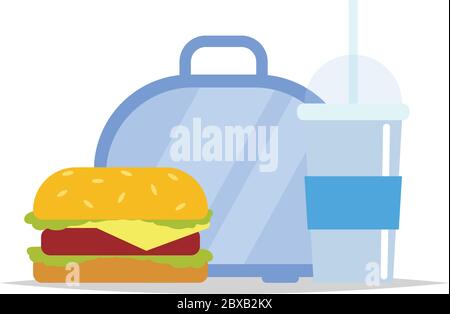 Lunchbox - Essensbehälter mit Hamburger und einem Getränk. Schulmahlzeit, Kinderessen. Vektorgrafik im flachen Stil Stock Vektor
