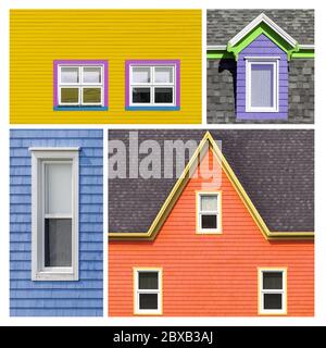 Fenstercollage in hellen und kräftigen Tönen von Gelb, Orange, Rosa, Blau, Grün und Lila. Farbige Fenster und Schindelwände Hintergrund. Stockfoto