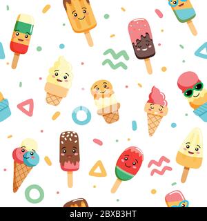 Niedliche Kawaii Eis nahtlose Muster mit geometrischen Formen, verschiedene Charaktere. Vektorgrafik im flachen Stil Stock Vektor