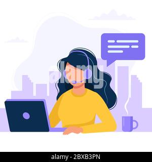 Kundenservice, Frau mit Kopfhörer und Mikrofon mit Computer. Konzeptdarstellung für Support, Assistenz, Call Center. Vektorgrafik Stock Vektor