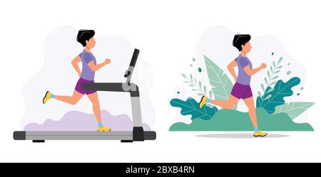 Mann läuft auf dem Laufband und im Park. Konzept Illustration für Joggen, gesunde Lebensweise, Training. Stock Vektor