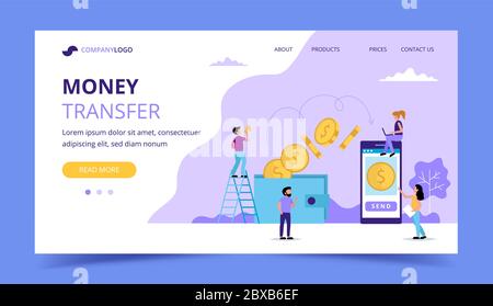 Landing Page für Geldtransfers, Konzeptdarstellung für das Senden von Geld von der Brieftasche auf das Smartphone. Stock Vektor