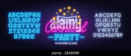 Karneval Party Neon Schild auf einem dunklen Hintergrund. Vorlage für Design mit Schriftarten. Stock Vektor