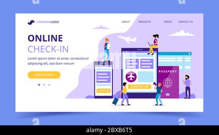 Online Check-in Landing Page, Konzeptdarstellung mit Smartphone, Tablet, Bordkarte. Kleine Personen. Stock Vektor