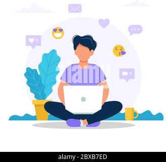 Mann sitzt mit einem Laptop, Social-Media-Symbole. Vektor-Konzept Illustration in flacher Form Stock Vektor