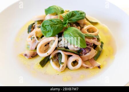 Tintenfisch und Zucchini bereit zu essen. Tintenfisch in Kreise geschnitten und in einer Pfanne mit Zucchini, Olivenöl und Basilikum gekocht. Italienische Küche Stockfoto