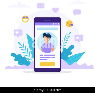 Profil sozialer Medien. Smartphone mit einem Mann Avatar, Text und Schaltfläche. Verschiedene Symbole mit „Gefällt mir“-Angaben und Nachrichten. Vektorgrafik im flachen Stil Stock Vektor