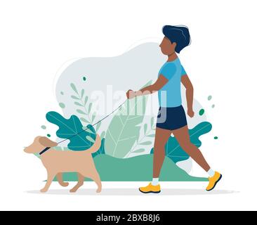 Schwarzer Mann mit Hund im Park. Illustration in flachem Stil, Konzept Vektor Illustration für gesunde Lebensweise, Sport, Training. Stock Vektor