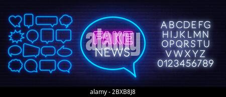 Neon gefälschte Nachrichten Schild. Vorlage für ein Design mit Sprechblasenrahmen. Neon Alphabet auf Backstein Wand Hintergrund. Stock Vektor