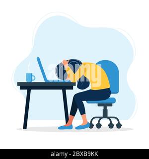 Burnout-Konzept-Illustration mit erschöpft Büroangestellter sitzt am Tisch. Frustrierte Arbeiter, psychische Probleme. Vektorgrafik Stock Vektor