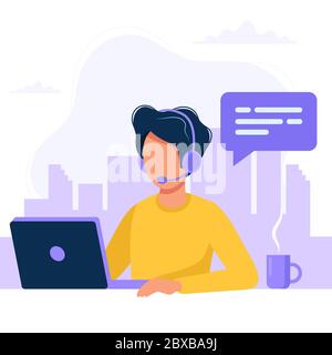 Customer Service, man mit Kopfhörer und Mikrofon mit Computer. Konzept Abbildung für Unterstützung, Hilfe, Call Center. Vector Illustration in Stock Vektor
