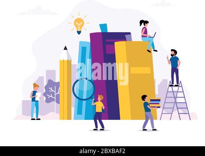 Lesen und Lernen Konzept Illustration mit Büchern, Bleistift, kleine Menschen Charaktere tun verschiedene Aufgaben. Vektorgrafik im flachen Stil Stock Vektor
