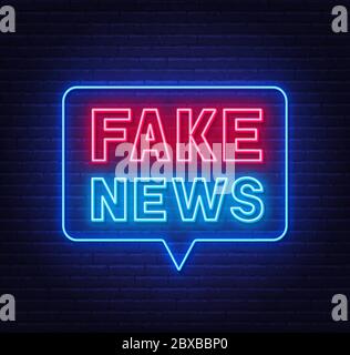 Neon gefälschte Nachrichten Schild auf Backstein Wand Hintergrund. Vektor . Stock Vektor