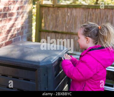 Corona Kompostierung, 4 Jahre altes Mädchen vor der Schule Entleeren der Komposteimer, immer Ihr Kind interessant im Garten. Corona Lockdown Gartenarbeit Stockfoto