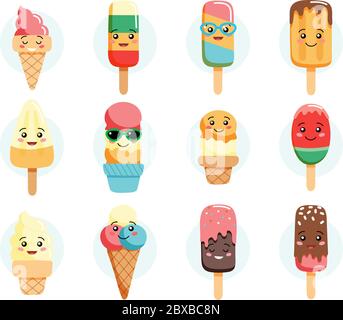 Cute Kawaii Eis Zeichen, Sammlung auf weißem Hintergrund isoliert, verschiedene Geschmacksrichtungen. Vektorgrafik im flachen Stil Stock Vektor