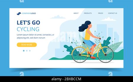 Landing Page für den Radsport. Frau Fahrrad fahren im Park. Illustration für aktiven Lebensstil, Training, Cardio-Training. Stock Vektor