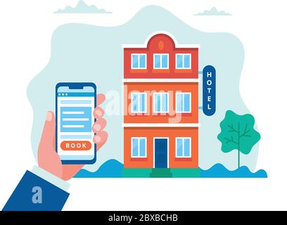 Hotelbuchung, -Suche und -Reservierung. Hand mit Smartphone. Konzept Vektor Illustration in flacher Form Stock Vektor