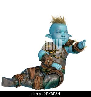 Kleine blaue Ork auf weißem Hintergrund, 3d-Illustration Stockfoto