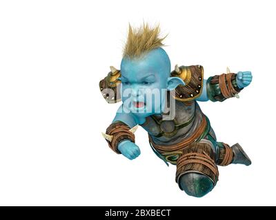 Kleine blaue Ork auf weißem Hintergrund, 3d-Illustration Stockfoto