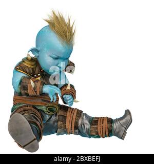 Kleine blaue Ork auf weißem Hintergrund, 3d-Illustration Stockfoto