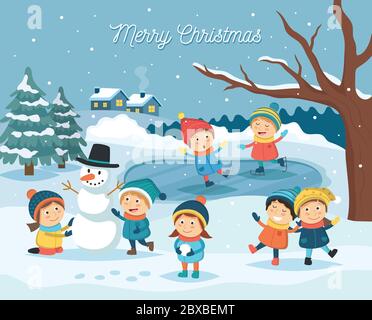 Winter Kinderszene - Kinder spielen im Freien im Schnee, machen Schneemann, Eislaufen. Winterlandschaft, weihnachten und Neujahr Grußkarte. Vektor Stock Vektor