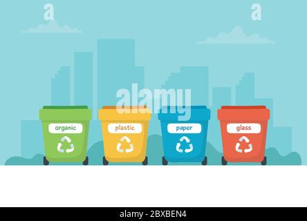 Müllsortierung Illustration mit verschiedenen bunten Mülltonnen, Konzept Illustration für Recycling, Nachhaltigkeit. Stock Vektor