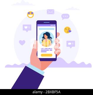 Dating-Service-App, Hand hält Smartphones mit Frau Foto. Virtuelle Beziehung, Bekanntschaft in sozialen Netzwerken. Vektorgrafik im flachen Stil Stock Vektor