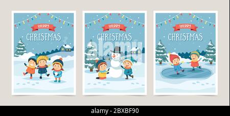 Set von Weihnachtskarten mit Kindern spielen im Freien im Schnee, verschiedene Szenen. Vorlage für Vektorgrafik Stock Vektor