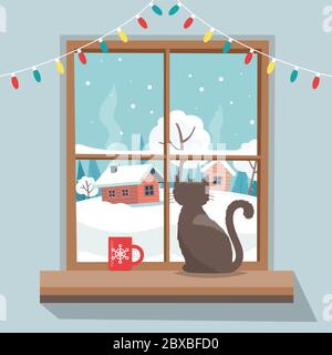Weihnachtsfenster mit Winterlandschaft, Katze auf der Fensterbank sitzend. Frohe weihnachten Grußkarte Vorlage. Stock Vektor