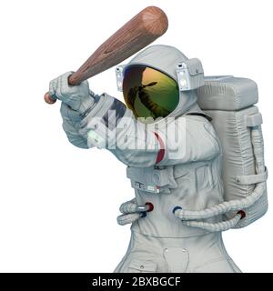 astronaut greift mit einem Baseballschläger Pose drei, 3d-Illustration Stockfoto