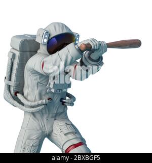 astronaut greift mit einem Baseballschläger Pose zwei, 3d-Illustration Stockfoto