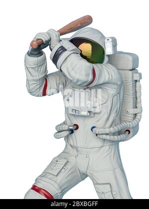 astronaut greift mit einem Baseballschläger an, 3d-Illustration Stockfoto