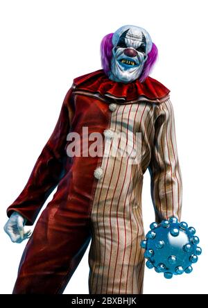 Clown wartet auf dich mit der Waffe auf der Hand. Dieser nicht witzige Joker im Clipping-Pfad ist sehr nützlich für deine halloween-Grafik Stockfoto