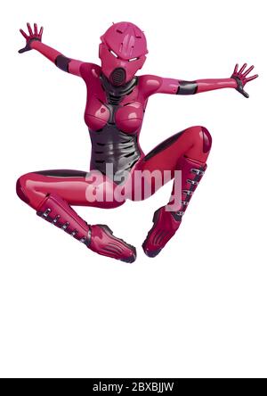 Super Soldat weiblich tun einen Comic Spinne springen. Dieser super Cyborg in Clipping-Pfad ist sehr nützlich für grafische Design-Kreationen, 3d-Illustration Stockfoto