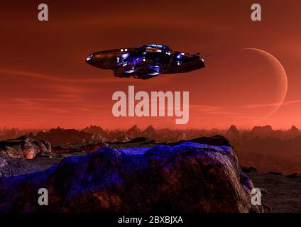 Raumschiff schwimmt auf dem mars. Dieses Alien-Flugzeug ist sehr nützlich für alle Ihre Raum Grafik-Design-Kreationen, 3d-Illustration Stockfoto