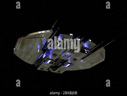 Raumschiff schwimmt auf dem Raum zwei. Dieses Alien-Flugzeug ist sehr nützlich für alle Ihre Raum Grafik-Design-Kreationen, 3d-Illustration Stockfoto