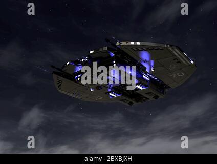 Raumschiff schwimmend auf Nacht Ansicht. Dieses Alien-Flugzeug ist sehr nützlich für alle Ihre Raum Grafik-Design-Kreationen, 3d-Illustration Stockfoto