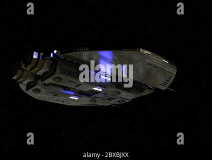 Raumschiff schwimmt auf dem Raum. Dieses Alien-Flugzeug ist sehr nützlich für alle Ihre Raum Grafik-Design-Kreationen, 3d-Illustration Stockfoto